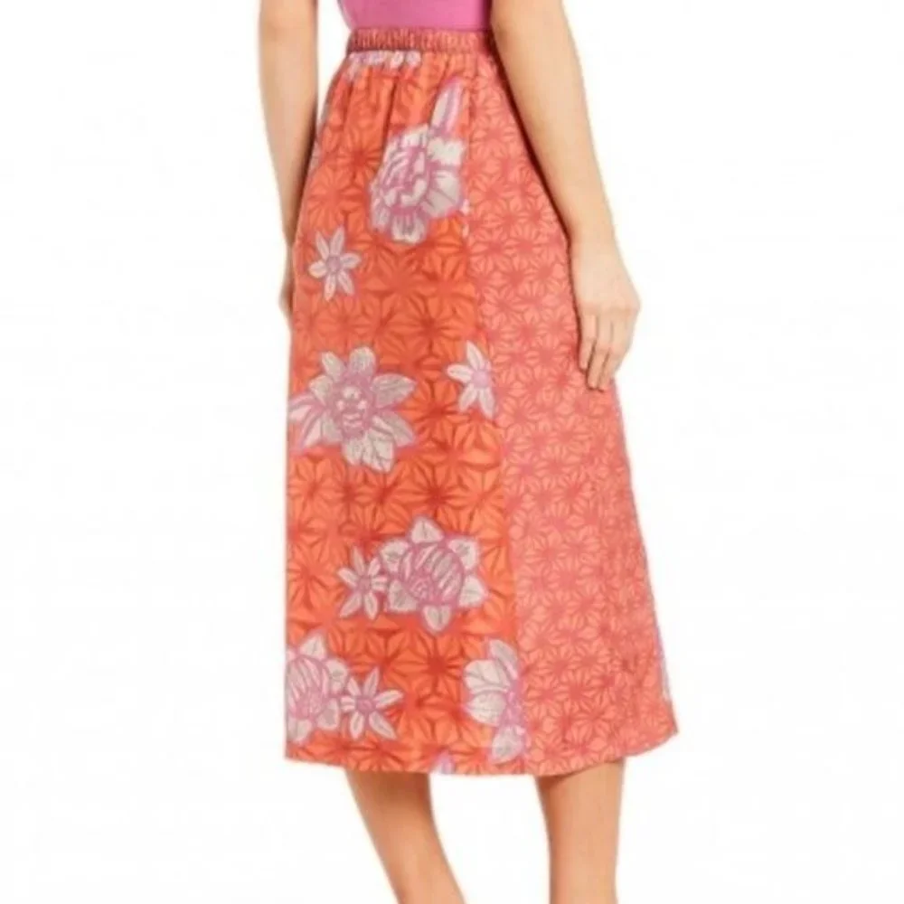 Sigrid Olsen 100% Silk Coral Hawaiian A-Line Lightweight Midi Skirt Medium NWT